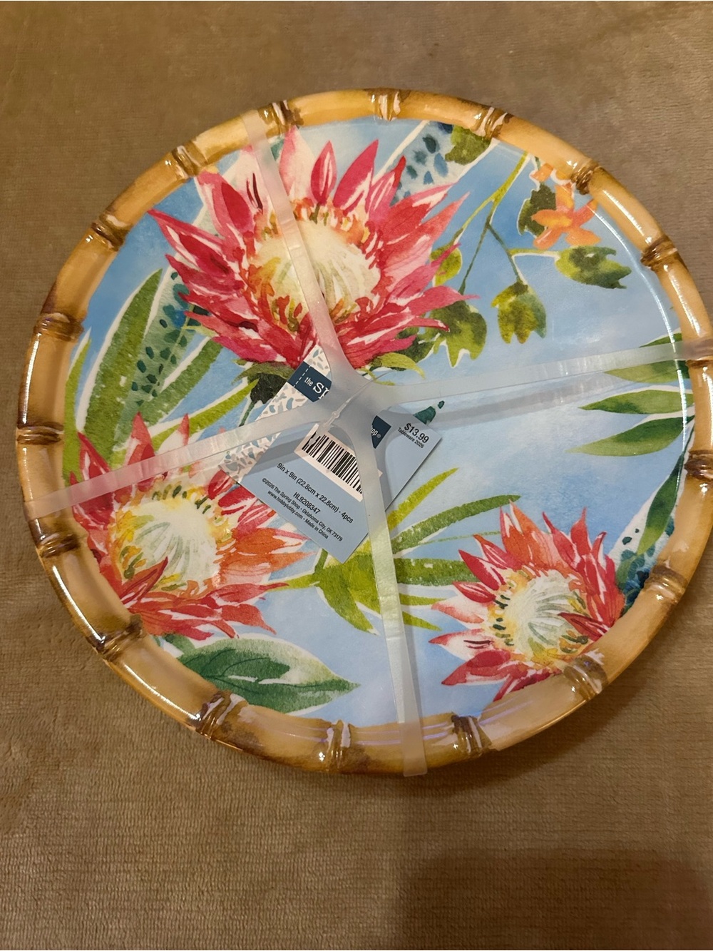 Floral Bamboo-Edge Melamine Dessert Plates  - Blue with Pink Flowers Set of 4